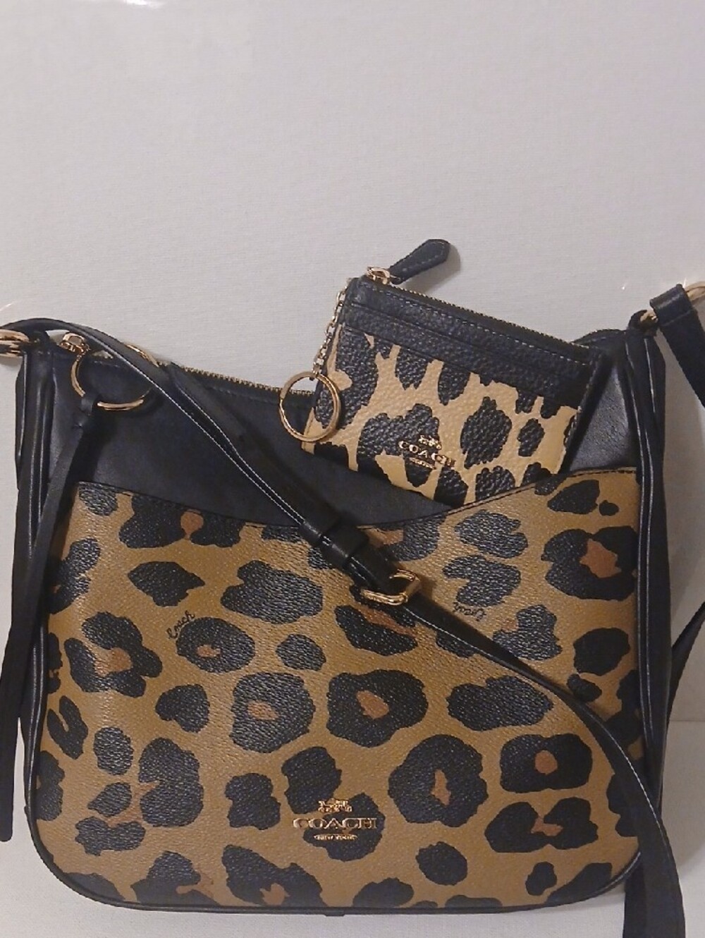 Coach Leopard-Print Leather Crossbody - Black and Brown